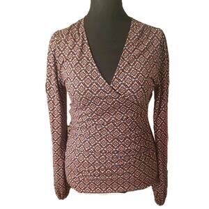 Boden 8 Faux Wrap Top Multicolor Medallion Print Long Sleeve Fitted Stretch